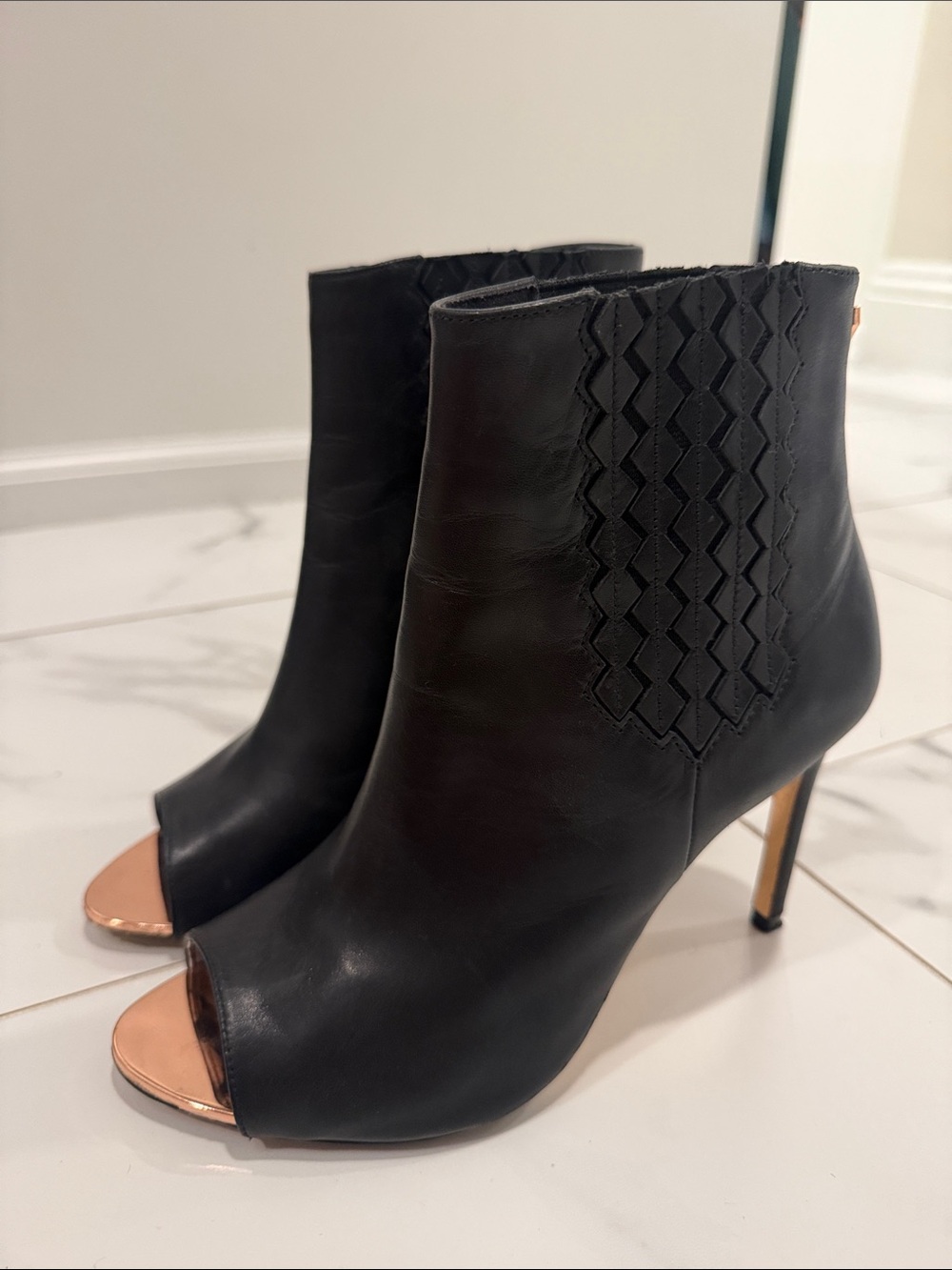 Ted Baker London Black Leather Peep-Toe Ankle Booties with Rose Gold Accents
